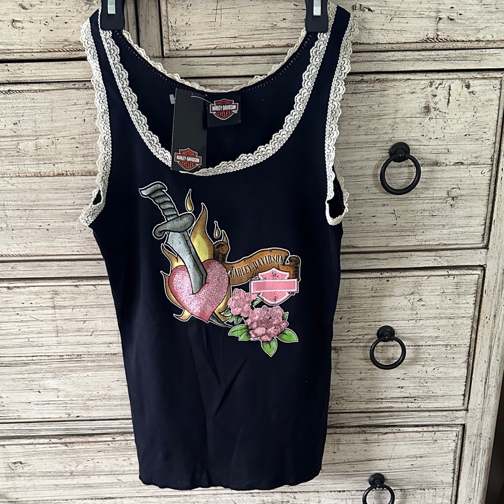 Harley-Davidson Black Tank with Lace and Graphic